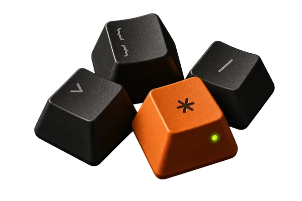 Three charcoal keycaps and an orange asterisk key with a glowing green indicator
